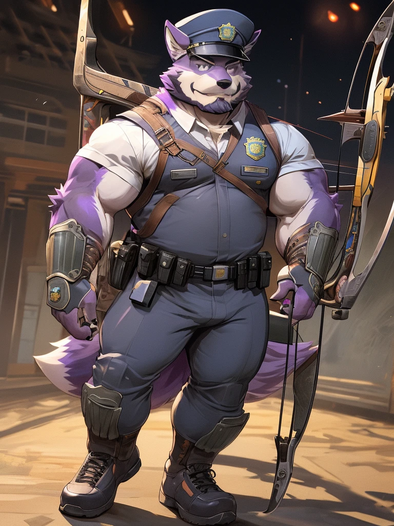 a drawing of a man in a uniform holding a hunting bow, detailed full body, (((archery armor, military hat, police man, black color outfit, military shoes, police cap))), beautiful full body, full uniform, an anthropomorphic fox, moustache, mature, daddy, furry character, anthropomorphic furry art, anthro concept art, commission for high res, fursona commission, fullbody commission for, purple fur fox, (((hunting bow))), (((purple fur))), muscular, bulking, tall, archer, beard, ((fox)), furry art, hold a ((scifi bow)), (muscular), (big body), (beard),