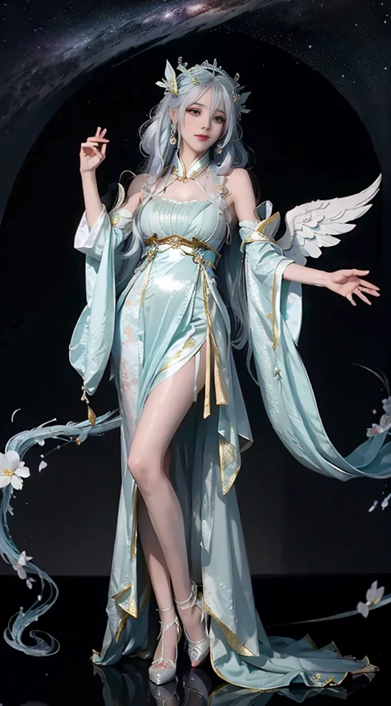Close-up of a woman in costume on stage, Whole body xylose, Beautiful celestial mage, a stunning young ethereal figure, beautiful fantasy empress, astral witch clothes, shaxi, flowing magical robe, white hanfu, xianxia fantasy, Belle Delphine, Ethereal fantasy, elegant glamourous cosplay, heise jinyao,((are standing)),((Full body photo)) girl angel wings flower crown flower leaves