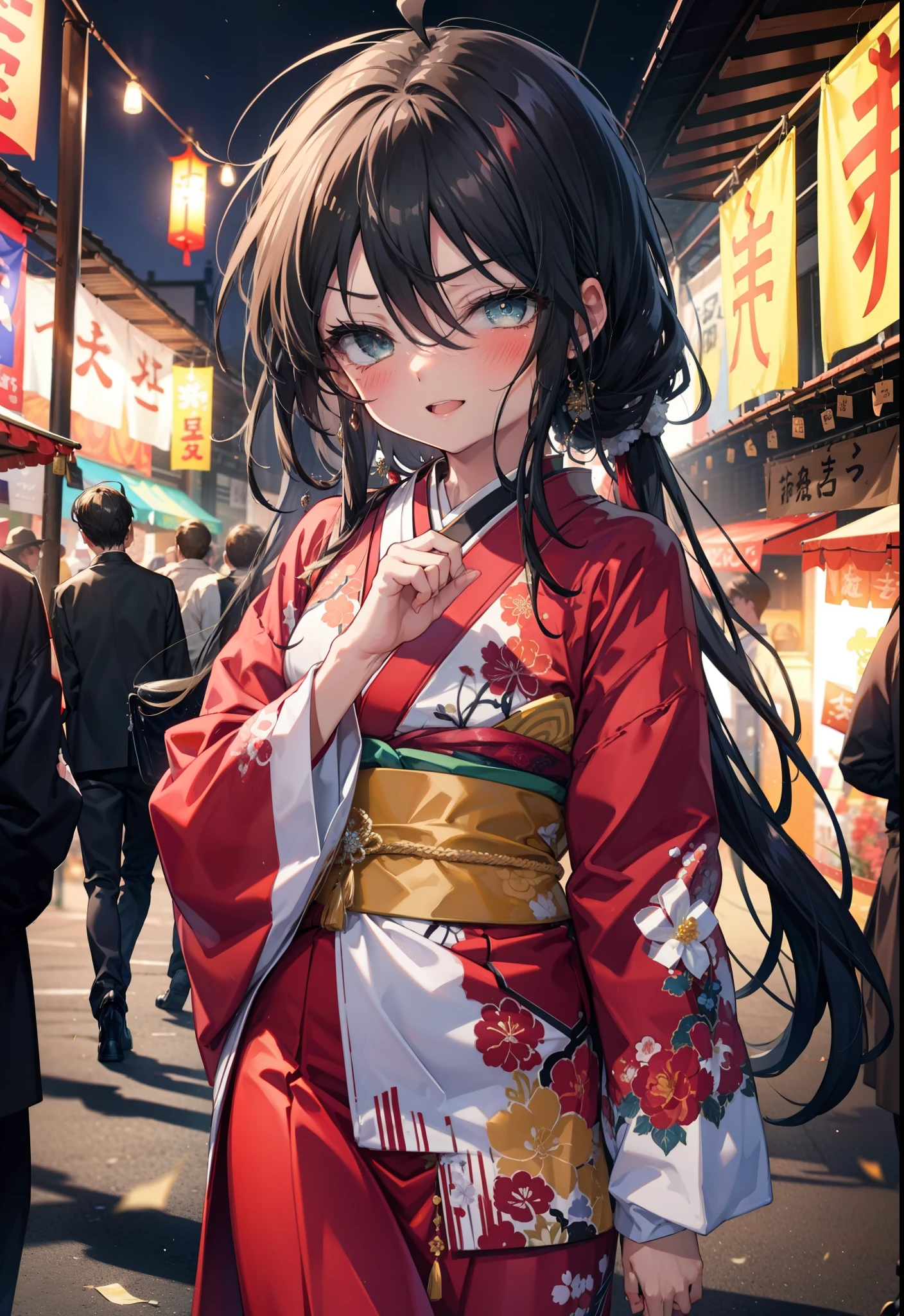 Shana,灼眼のShana,Long Hair, Red hair,Red eyes,Ahoge,smile,blush,Open your mouth,Hair tied up,blush,Red Kimono,Thick sleeves,Red long skirt,日本のfestival,夏festivalの屋台,Red lantern,So that the whole body goes into the illustration,Walking,　　　　　　　　　　　  break looking at viewer, Upper Body (Cowboy Shot:1. 5),  　　　　　　　　　　　　　　　　　　break outdoors, shrine,festival, 　　　　　　　　　　　　　break (masterpiece:1.2), Highest quality, High resolution, unity 8k wallpaper, (shape:0.8), (Beautiful and beautiful eyes:1.6), Highly detailed face, Perfect lighting, Highly detailed CG, (Perfect hands, Perfect Anatomy),