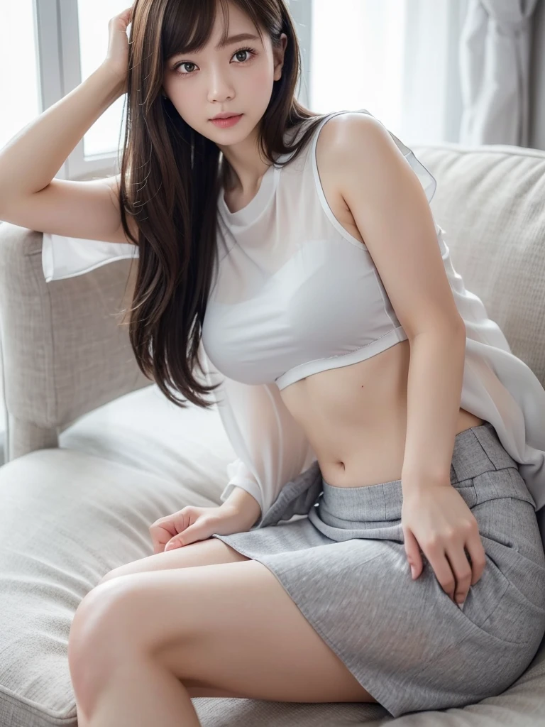 White Office、Grey mid-length skirt 、Sheer blouse、(Highest quality)、((Very detailed))、4K、(8K)、masterpiece、Very detailedな、Highest quality、Super Resolution、1 person、Kind Face、Soft Light、RAW quality、Soft Skin、163cm、30 years old、knees