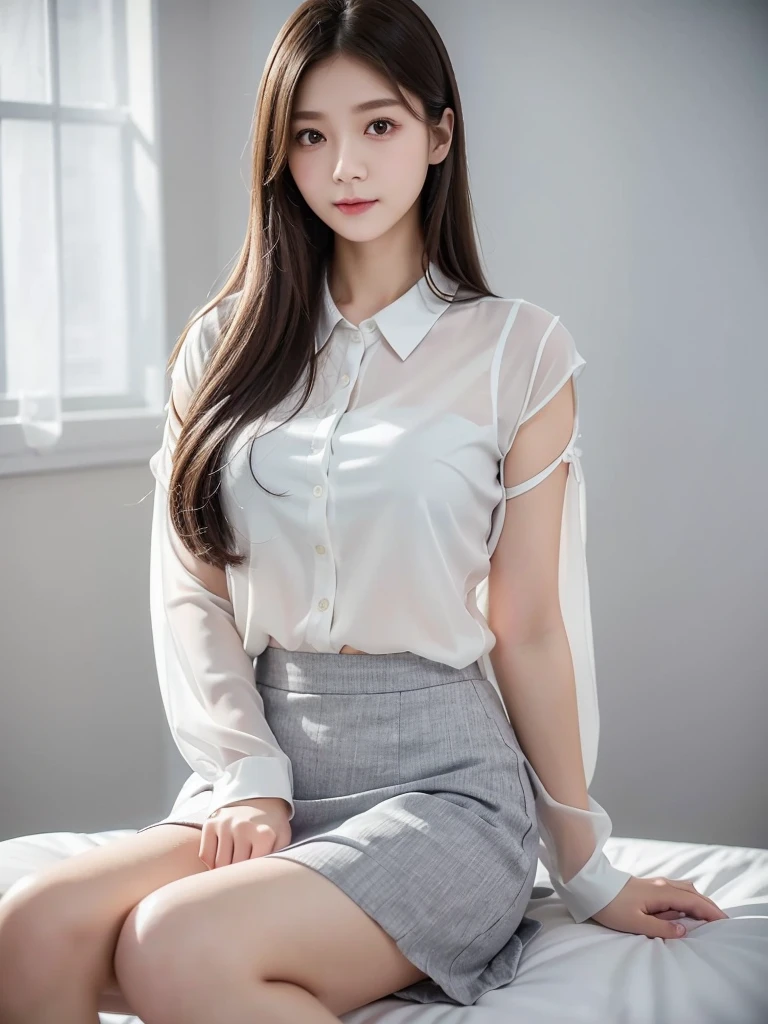 White Office、Grey mid-length skirt 、Sheer blouse、(Highest quality)、((Very detailed))、4K、(8K)、masterpiece、Very detailedな、Highest quality、Super Resolution、1 person、Kind Face、Soft Light、RAW quality、Soft Skin、163cm、30 years old、knees