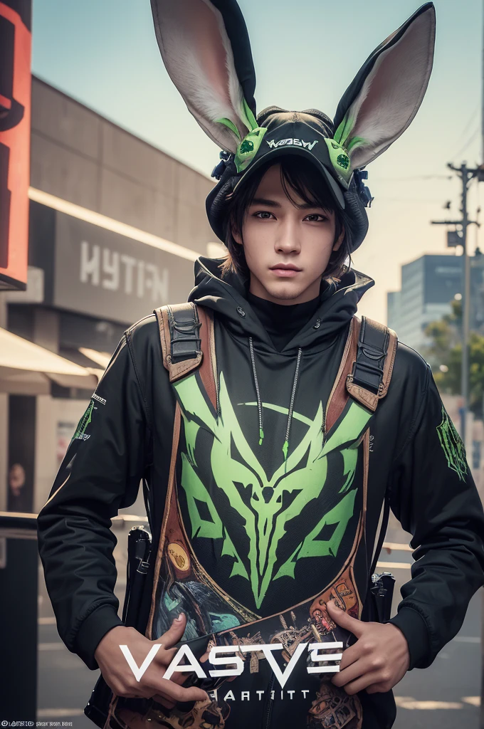 ((best quality)), ((masterpiece)), (detailed) Generate an image of Bunny from The First Descendant video game holding a sign that says "vasp", with additional details like hearts and the Monster energy drink logo. Ensure a perfect face and focus on high-quality, detailed artwork resembling a masterpiece.