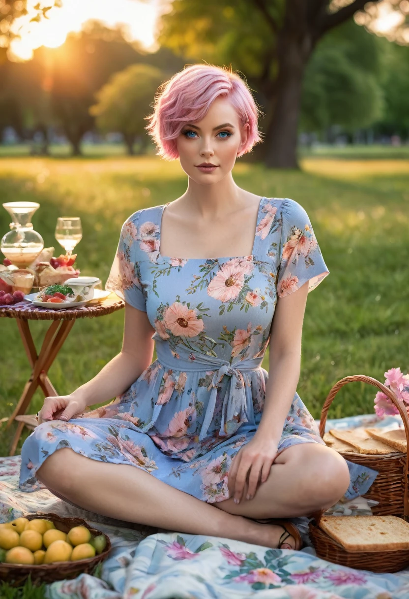 Beautiful model with short pink hair, striking blue eyes, and an hourglass body, enjoying a sunset picnic in a scenic park. She is wearing a light floral dress and is surrounded by a beautifully arranged picnic spread. Captured with a Canon EOS 5D Mark IV, using golden hour lighting and a reflector to highlight her features. The image is photorealistic with intricate details and sharp focus, capturing the warm and serene ambiance of a summer evening.