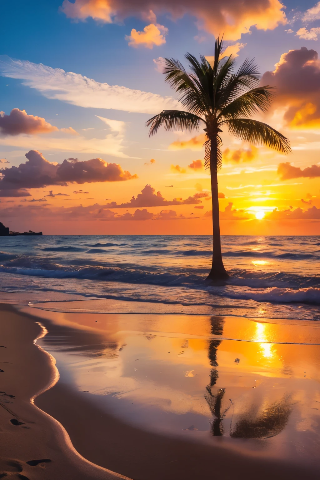 Create another wide 16:9 image of a sunset by the sandy seaside, including elements like palm trees and beach umbrellas. The scene should feature a beautiful shoreline with gentle waves, illuminated by the warm colors of the setting sun. The sky should be filled with vibrant hues of orange, pink, and purple, reflecting on the calm surface of the water and the sandy beach. The palm trees and beach umbrellas should add to the tropical, serene atmosphere, capturing the enchanting beauty of a seaside sunset.