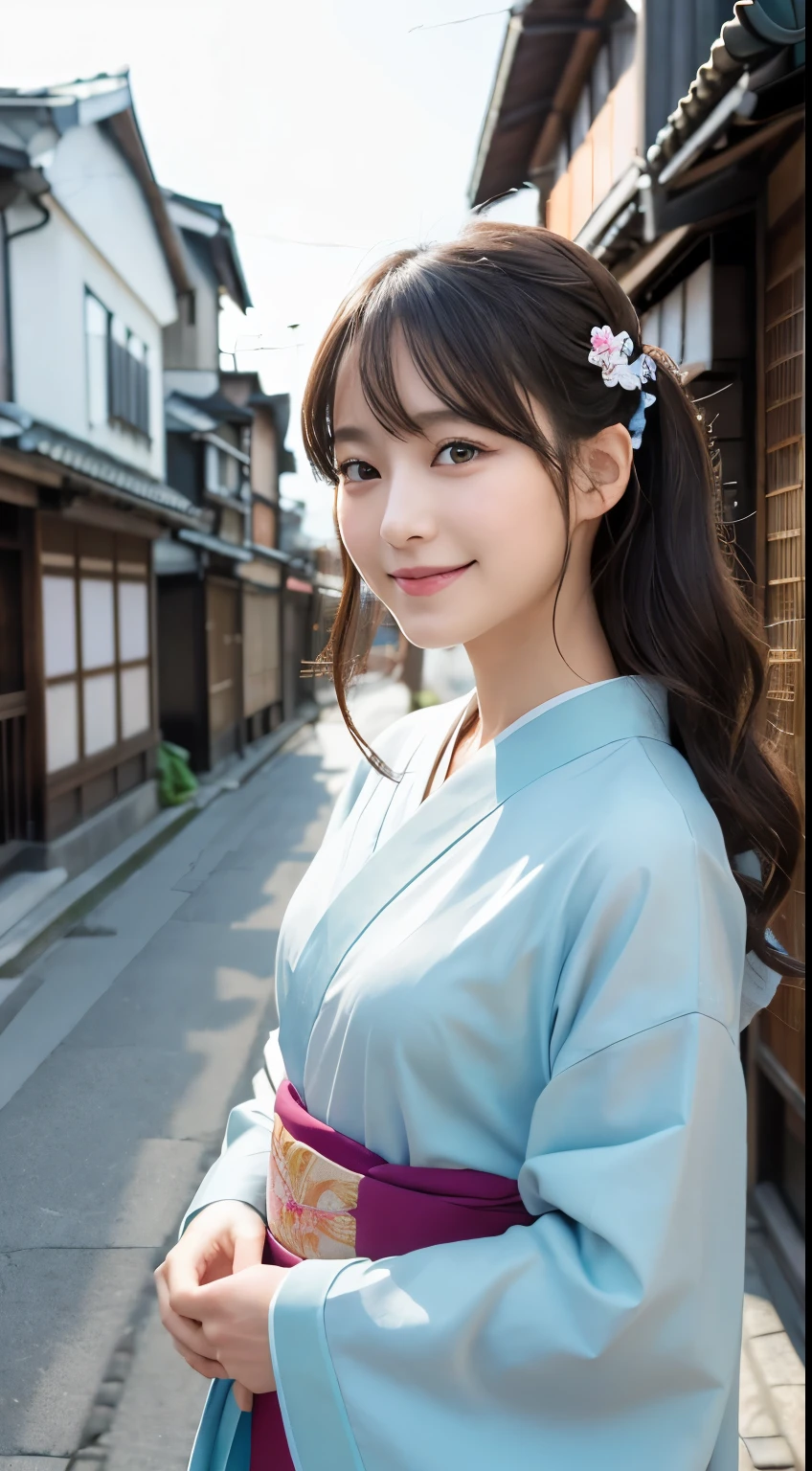 Professional Lighting,(Realistic:1.4), (Top image quality:1.0), (超High resolution:1.0), 8K, Raw photography, (masterpiece:0.2), (Dealing with the Children_v1:0.5)、(最高quality Detail:1.2)、Realistic、8K Ultra HD、High resolution、(1 Girl:1.2)、超detailedな、High quality textures、複雑なdetailed、detailed、Very detailed CG、High quality shadows、detailed 美しく繊細な顔、Beautiful details and a delicate eye、(Symmetrical eyes:1.2),Written boundary depth、Ray Tracing,1 Girl, Japanese Girls, (Natural smile:1.4),cute, thin, Portrait of a beautiful Japanese woman in a kimono, Standing elegantly on a street corner in Kyoto. Kimono with vibrant traditional patterns, Hair decorated with elegant and delicate hairpins, Gentle expression. (With the old streets of Kyoto in the background:1.4)、The soft light of a spring afternoon、Adding tranquility to the scene. Rendered in a Realistic style with great attention to detail, High resolutionの画像.Sky Porn, Magic Hour, (Realistic:1.3), finely, quality, (Tabletop:1.2), (Realistic:1.2), (最高quality), (複雑なdetailed), dramatic, Ray Tracing, photograph, +roller
