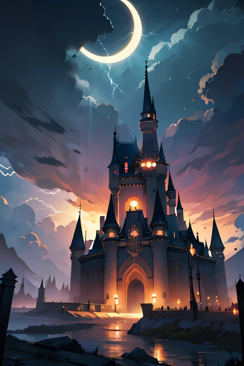solar eclipse, massive wide dark scary castle, night, lightning