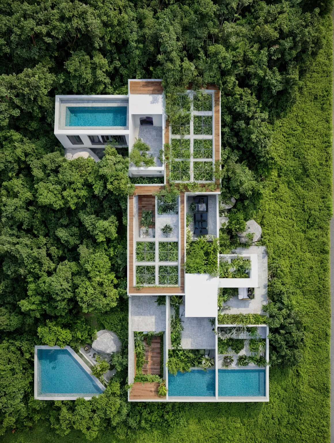 A 2-story house in Da Lat, captured in crisp morning light. This modern abode showcases a mix of white paint, expansive glass, concrete and wooden accents, surrounded by greenery and stone details. Crafted by Vo Trong Nghia, the house exudes a peaceful and elegant space, perfectly suited to its landscape location.