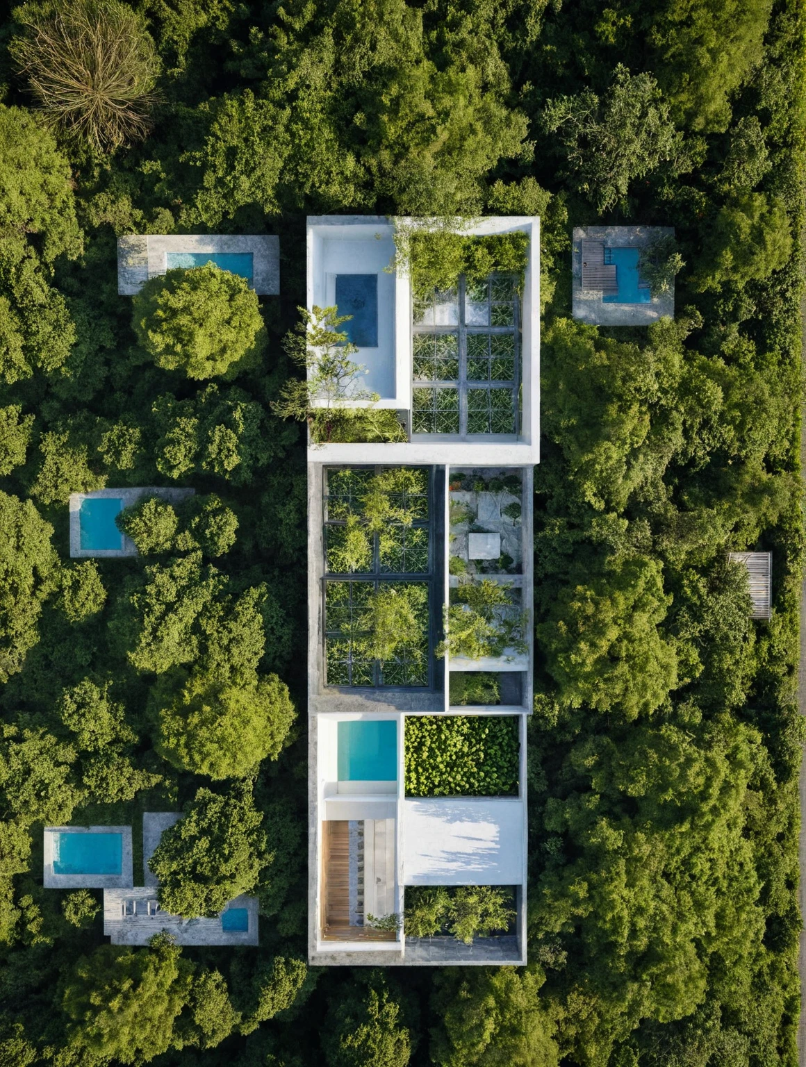 A 2-story house in Da Lat, captured in crisp morning light. This modern abode showcases a mix of white paint, expansive glass, concrete and wooden accents, surrounded by greenery and stone details. Crafted by Vo Trong Nghia, the house exudes a peaceful and elegant space, perfectly suited to its landscape location.