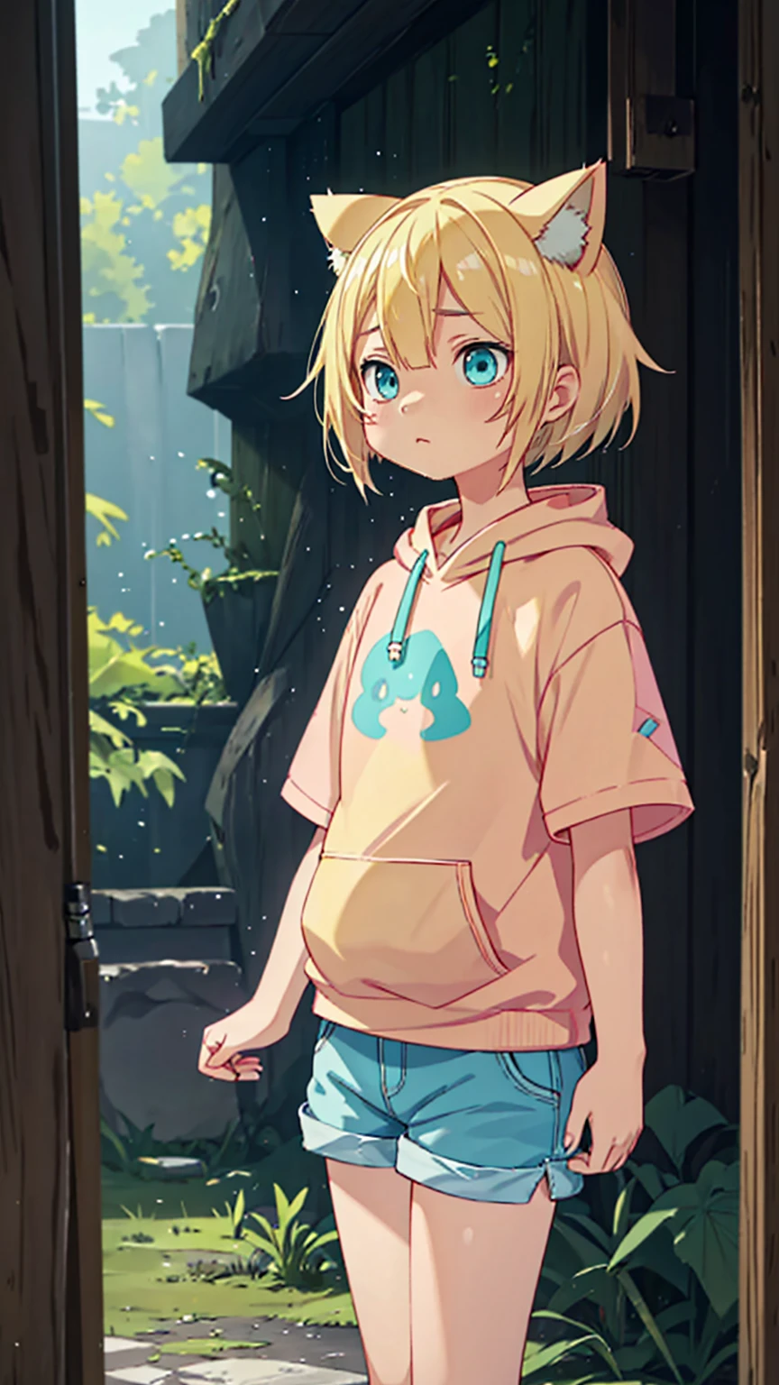 Plain pink short sleeve hoodie。Turquoise Eyes、8-year-old girl, (Eye color is turquoise), SFW,
Blonde Hair、Short Hair、Cat ear、(Blonde :1.5),
White skin, Wooden village, (Flat Chest), Denim shorts,
outside, bright,, Plain pink short sleeve hoodie,I tried drawing a belly button in the style of Made in Abyss,
Soft lighting and detailed environments、Create immersive environments that inspire your imagination、Delivering high quality visuals, Dim lighting, Sharply focused, Octane Rendering, 8K Ultra HD