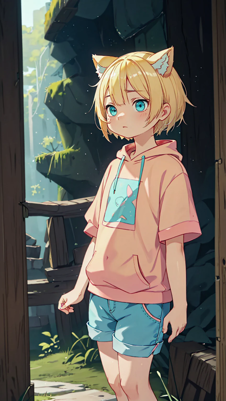Plain pink short sleeve hoodie。Turquoise Eyes、, (Eye color is turquoise), SFW,
Blonde Hair、Short Hair、Cat ear、(Blonde :1.5),
White skin, Wooden village, (Flat Chest), Denim shorts,
outside, bright,, Plain pink short sleeve hoodie,I tried drawing a belly button in the style of Made in Abyss,
Soft lighting and detailed environments、Create immersive environments that inspire your imagination、Delivering high quality visuals, Dim lighting, Sharply focused, Octane Rendering, 8K Ultra HD
