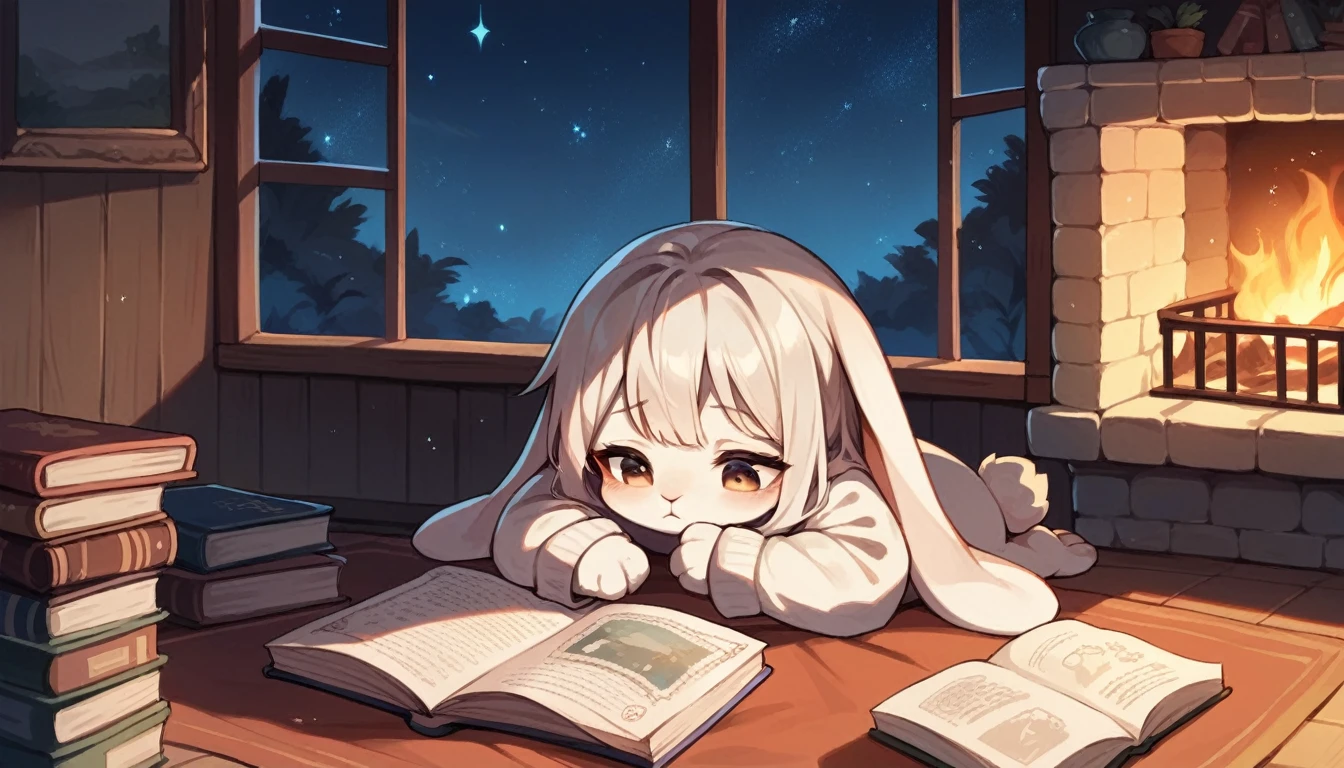 Outside at night, starry sky, in front of the fireplace inside the house, cute rabbit reading a picture book, relaxed atmosphere, sleepy, not human