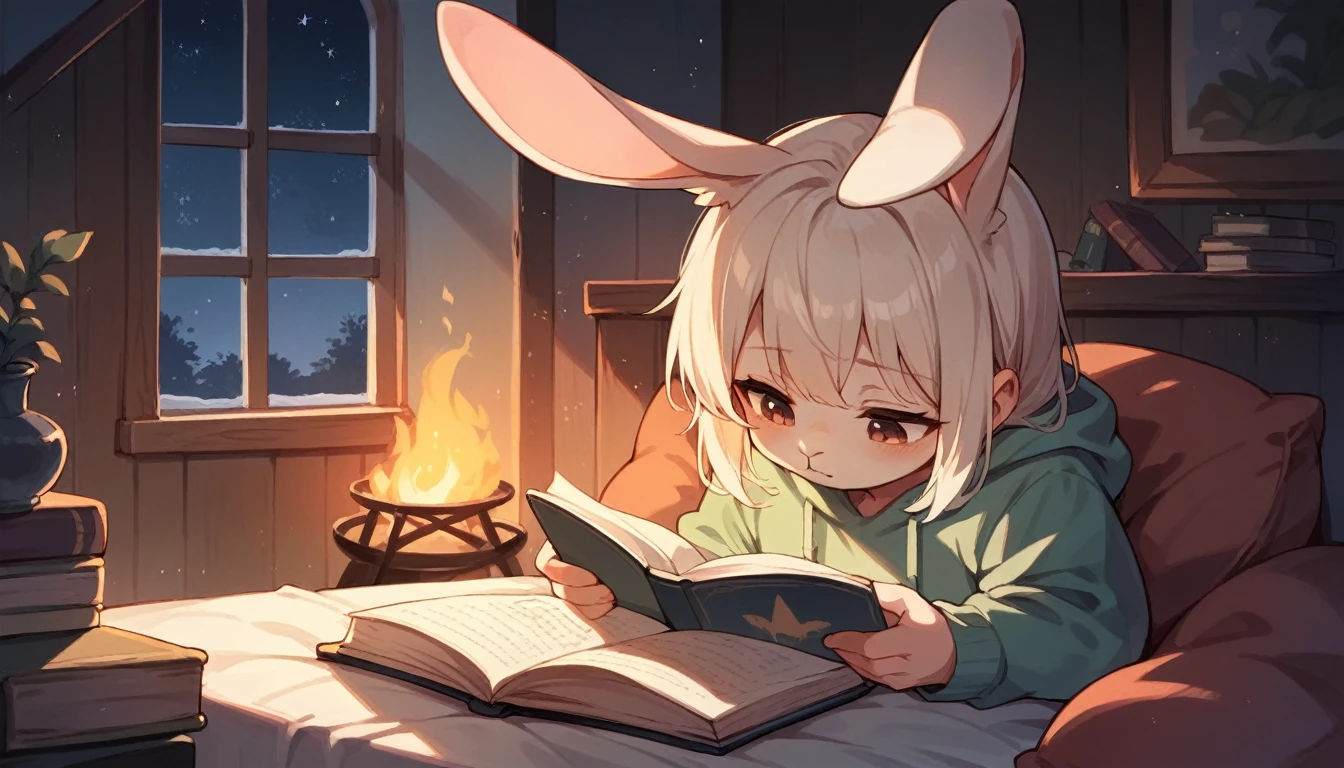 Outside at night, starry sky, in front of the fireplace inside the house, cute rabbit reading a picture book, relaxed atmosphere, sleepy, not human