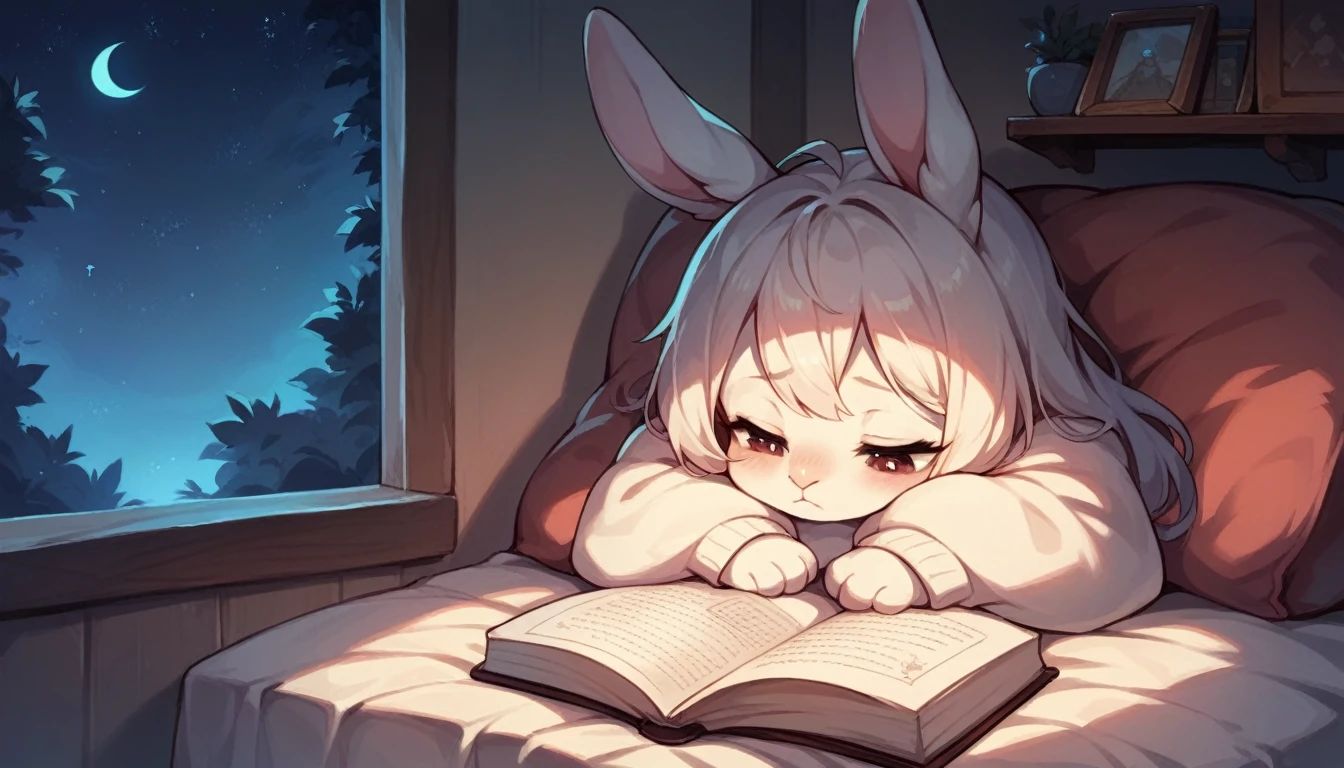Outside at night, starry sky, in front of the fireplace inside the house, cute rabbit reading a picture book, relaxed atmosphere, sleepy, not human