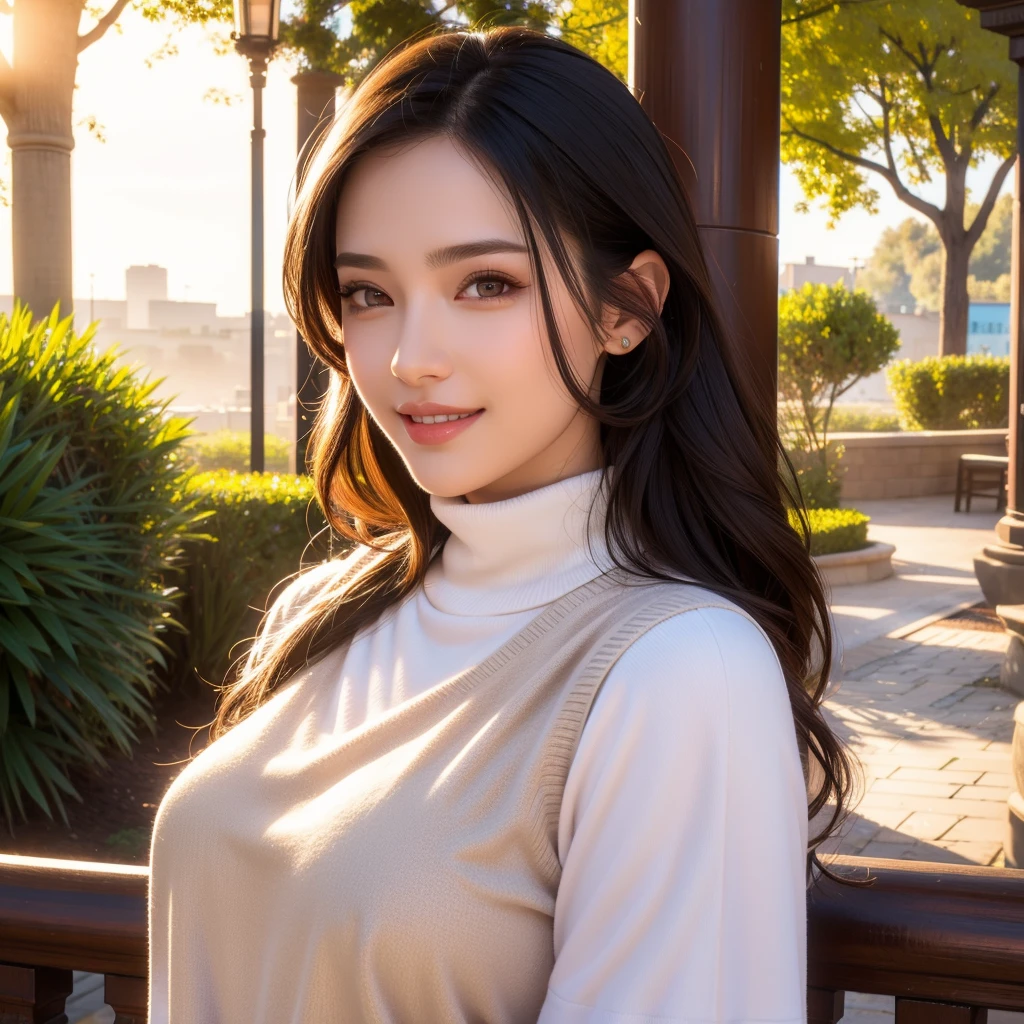 a beautiful young woman in a casual outfit, detailed face, alluring eyes, full lips, large bust, turtle neck t-shirt, vest, outdoor date setting, lover, soft lighting, warm colors, photorealistic, 8k, cinematic, beautiful detailed eyes, beautiful detailed lips, extremely detailed face and eyes, long eyelashes, intricate clothing textures, elegant posing, warm smile, romantic atmosphere