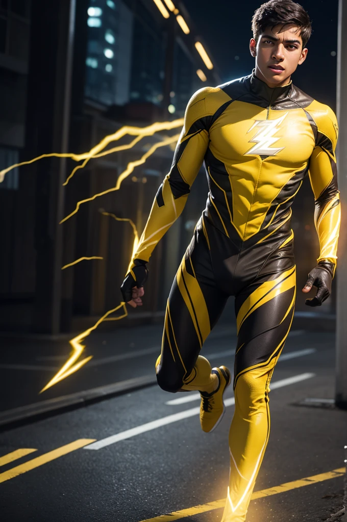 Create an image of a 17-year-old brown man wearing the Reverse Flash costume from the series.