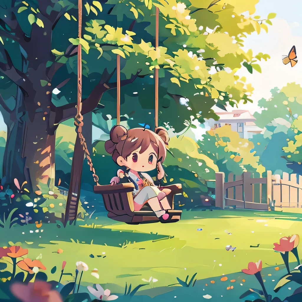 Photoreal、octane render、Morning park、Chibi girl swinging on a tree swing flowers with teddy bear、girl has bun hair, butterflies,path ,little fence