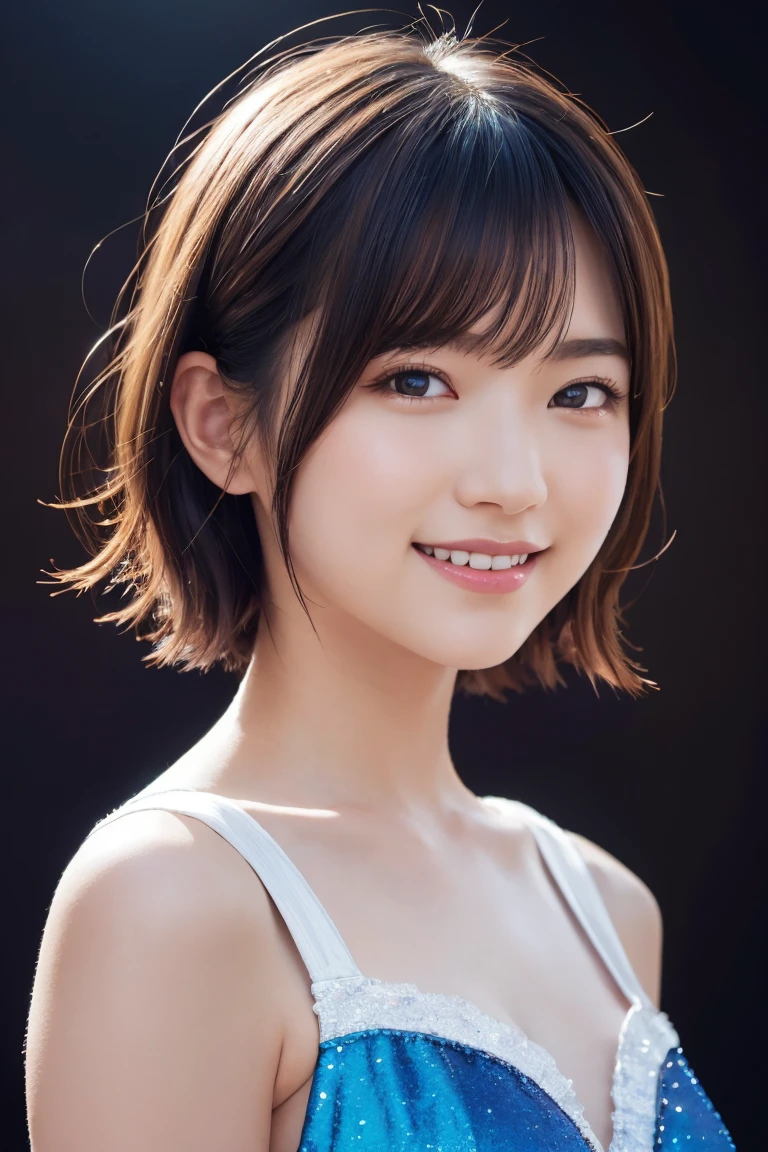 1 girl, (Wearing colorful stage costumes:1.2), Very beautiful Japanese idol portraits, Face close-up, (RAW Photos, highest quality), (Realistic, Realistic:1.4), (masterpiece), Very delicate and beautiful, Very detailed, 2k wallpaper, wonderful, finely, Very detailed CG Unity 8K wallpaper, Very detailed, High resolution, Soft Light, Beautiful detailed girl, Very detailed目と顔, Beautiful and sophisticated nose, Finely beautiful eyes, Cinema Lighting, (Simple light color background:1.3), (short hair), (Bob), Complete Anatomy, Slender body, Small breasts, smile