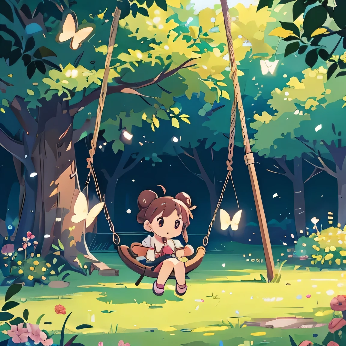 Photoreal、octane render、Morning park、Chibi girl swinging on a tree swing flowers with teddy bear、girl has bun hair, butterflies,path ,little fence
