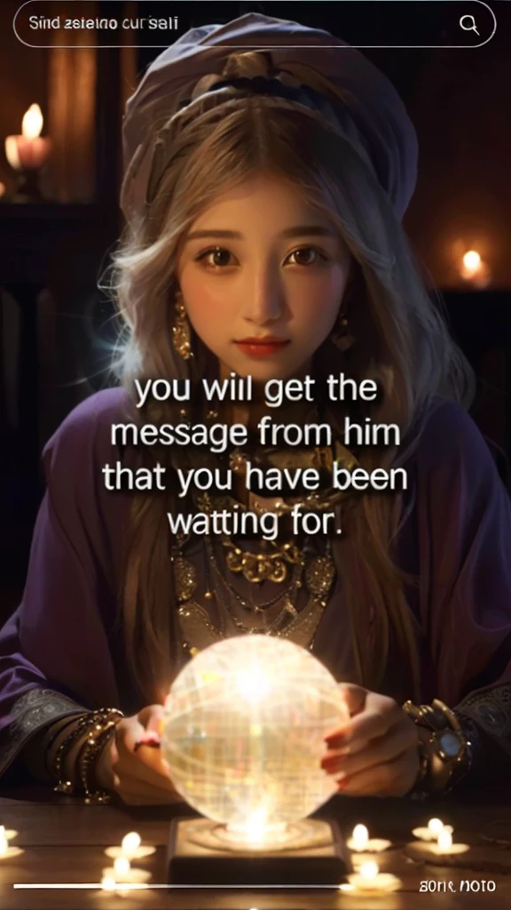 a young woman with D cup holding a glowing crystal ball in front of her, dressed as an oracle, beautiful stella maeve magician, fortune teller, gorgeous stella maeve magician, goddess checking her phone, mahira khan as a mage, as a tarot card, ( ( emma lindstrom ) ), beautiful