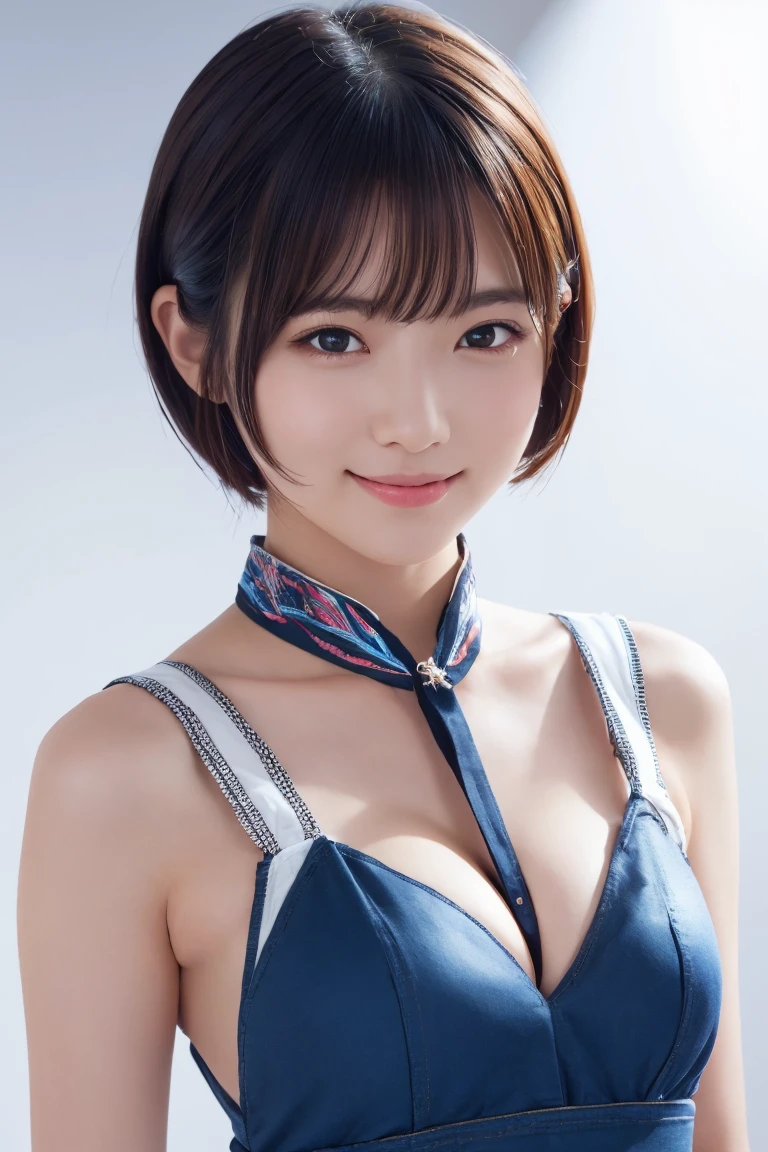 1 girl, (Wearing colorful stage costumes:1.2), Very beautiful Japanese idol portraits, Face close-up, (RAW Photos, highest quality), (Realistic, Realistic:1.4), (masterpiece), Very delicate and beautiful, Very detailed, 2k wallpaper, wonderful, finely, Very detailed CG Unity 8K wallpaper, Very detailed, High resolution, Soft Light, Beautiful detailed girl, Very detailed目と顔, Beautiful and sophisticated nose, Finely beautiful eyes, Cinema Lighting, (Simple light color background:1.3), (short hair), (Bob), Complete Anatomy, Slender body, Small breasts, smile