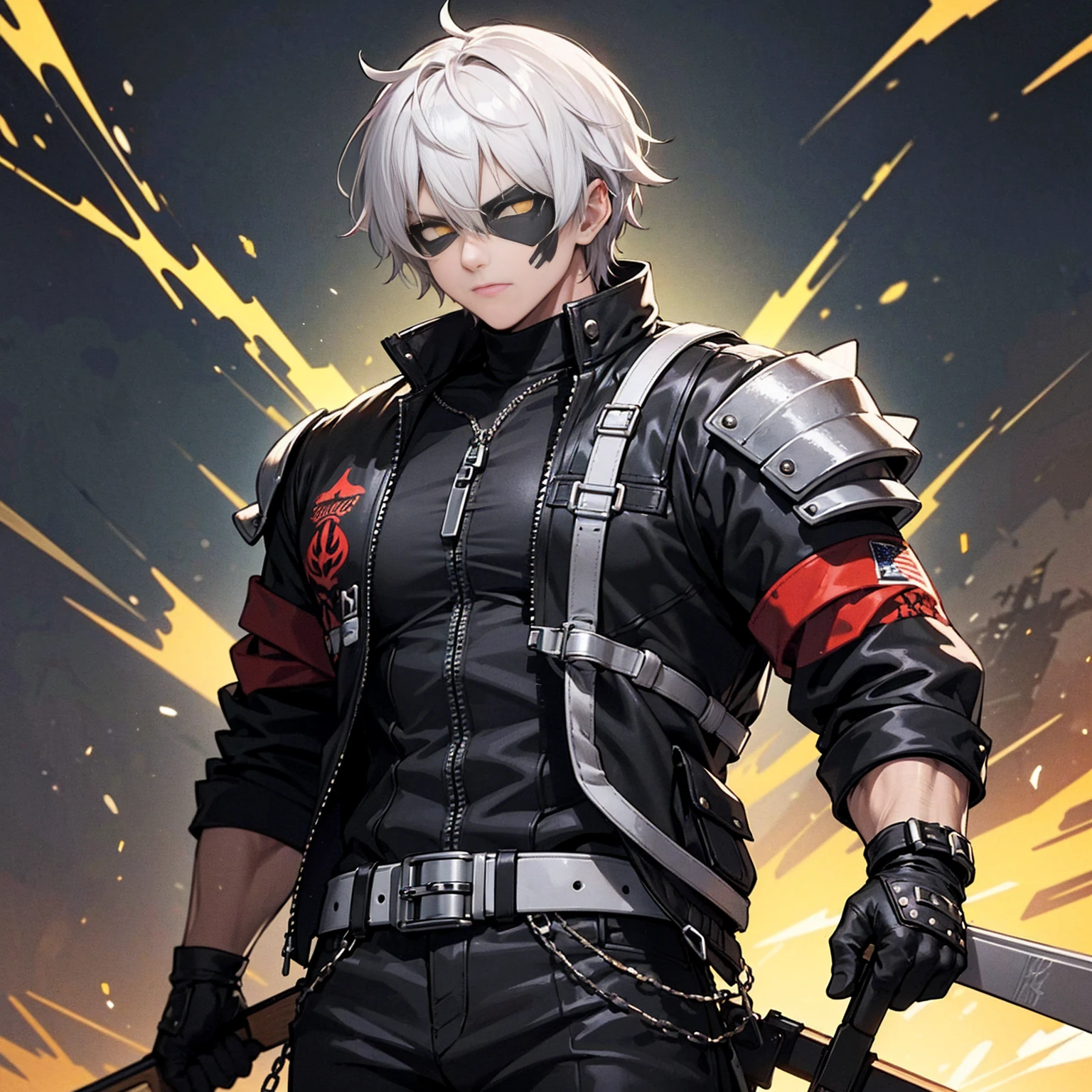 He has spiky, white hair that adds to his dynamic appearance. He wears a futuristic, black and gray mask with yellow glowing eyes, giving him a menacing and high-tech look. Outfit: He is dressed in a red jacket with various patches and symbols, including the word "KID" on the sleeve. The jacket is partially unzipped, revealing a form-fitting, armored suit underneath. The suit features a mix of black, white, and gold elements, emphasizing both protection and style. Accessories: He has a large belt with studs and a chain, adding to his edgy and rebellious aesthetic. He also has gloves that match his suit, enhancing his combat-ready appearance. Weapon: He is holding a large shotgun with intricate designs, showing he is equipped for battle. The shotgun is black with some inscriptions on it, adding to its uniqueness.
