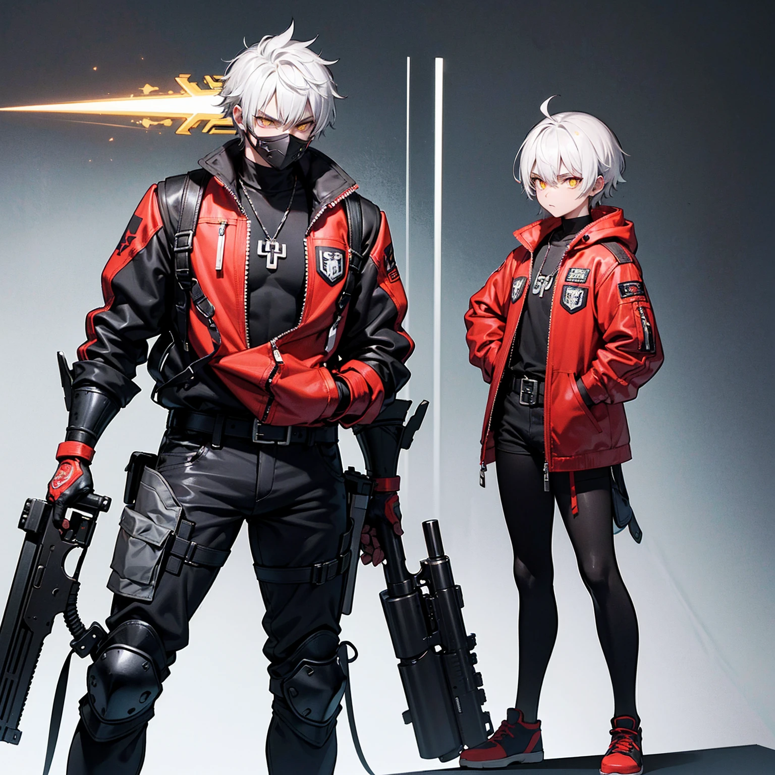 He has spiky, white hair that adds to his dynamic appearance. He wears a futuristic, black and gray mask with yellow glowing eyes, giving him a menacing and high-tech look. Outfit: He is dressed in a red jacket with various patches and symbols, including the word "KID" on the sleeve. The jacket is partially unzipped, revealing a form-fitting, armored suit underneath. The suit features a mix of black, white, and gold elements, emphasizing both protection and style. Accessories: He has a large belt with studs and a chain, adding to his edgy and rebellious aesthetic. He also has gloves that match his suit, enhancing his combat-ready appearance. Weapon: He is holding a large shotgun with intricate designs, showing he is equipped for battle. The shotgun is black with some inscriptions on it, adding to its uniqueness.
