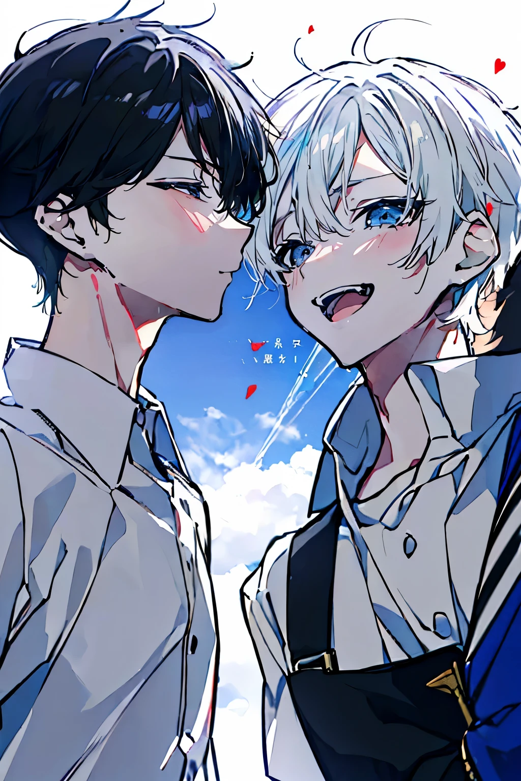(Mastepiece), (Best Quality), Very detailed, (Two friendly boys:1.5),Shooting from below、Solo Shooting,Perfect Face, Beautiful Face, Very detailed顔,(1 boy with black hair:1.3),(One boy with white hair:1.3)、(short hair:1.3)、(Happy Face:1.4),(Laughing with your mouth open:1.3),(Short-sleeved white shirt:1.4)、(Windになびく髪:1.4),The atmosphere that seems to disappear,(blue sky_cumulonimbus)、summer、ephemeral、Sweat、Wind、sunlight