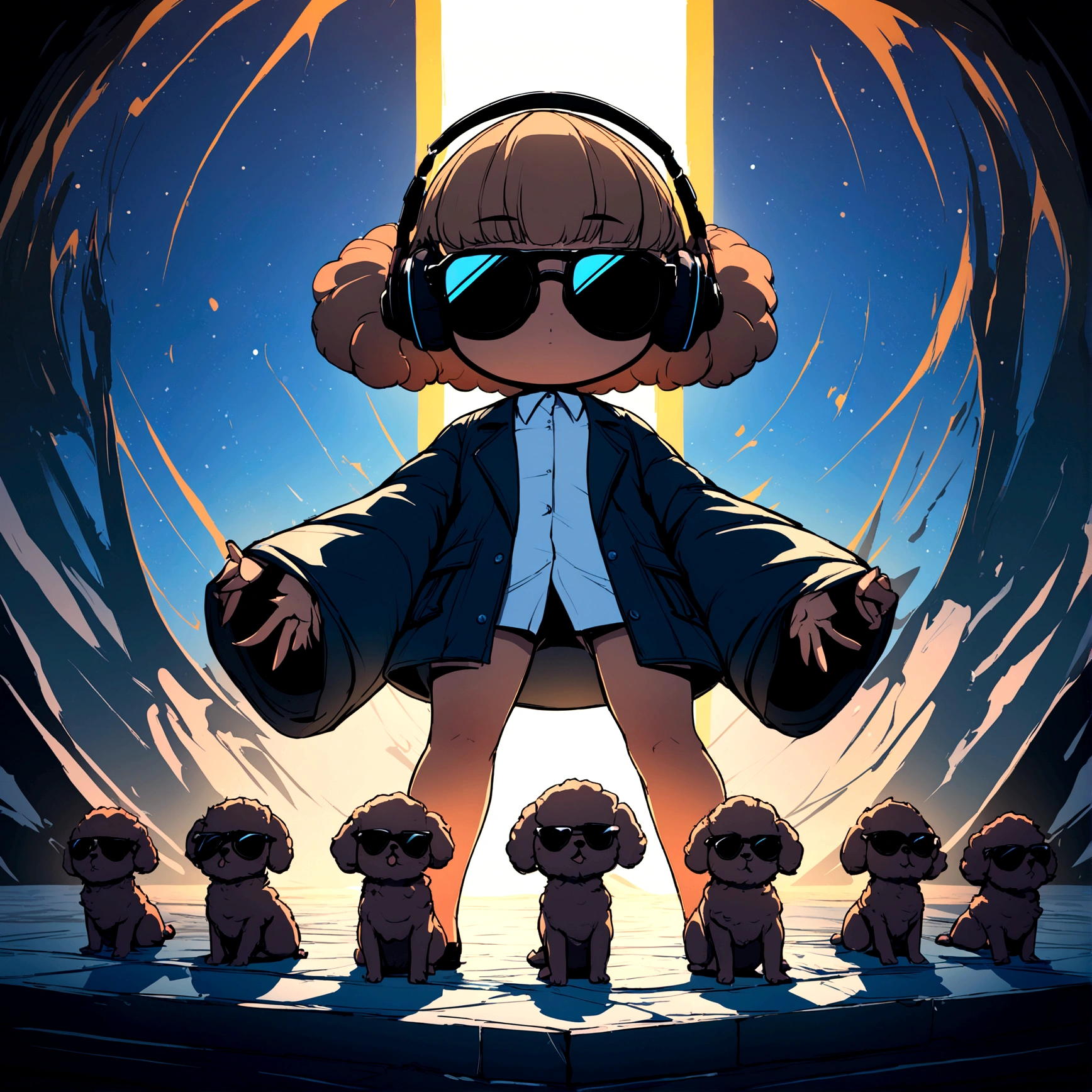 Perfect centering, Cute brown baby poodle, Wearing a student jacket, Wear sunglasses, Wearing headphones, Standing position, Abstract Beauty, Centered, Looking into the camera, To the camera, Near perfect, dynamic, Moonlight glow, Very detailed, Digital Painting, artステーション, コンセプトart, Silky, Sharp focus, 8K, High resolution, figure, art:Carne Griffith、Vadim Kashin,