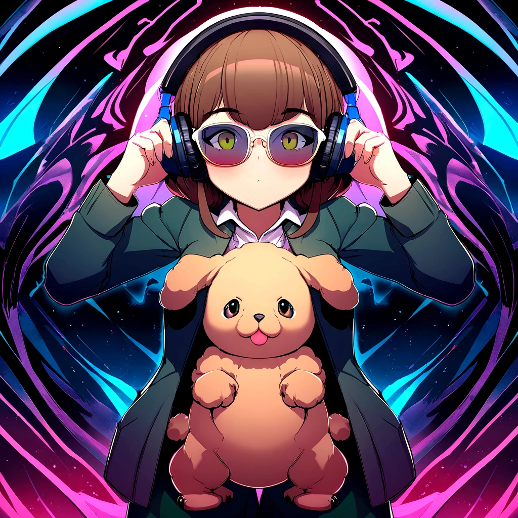 Perfect centering, Cute brown baby poodle, Wearing a student jacket, Wear sunglasses, Wearing headphones, Standing position, Abstract Beauty, Centered, Looking into the camera, To the camera, Near perfect, dynamic, Moonlight glow, Very detailed, Digital Painting, artステーション, コンセプトart, Silky, Sharp focus, 8K, High resolution, figure, art:Carne Griffith、Vadim Kashin,