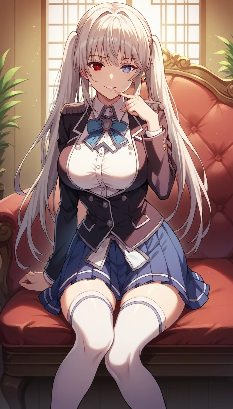 1girl, solo, full length, long hair, twintails, large breasts, looking at viewer, legs, hand, bangs, smile, parted lips, heterochromia, red eyes, blue eyes, sitting, arrogant smile, legs, stockings, indoors, on the chair, black blazer, white shirt, classic shirt, shirt under blazer, blue skirt, short skirt, pleated skirt,  white stockings, shoulders, right hand up to mouth, crossing legs, large breasts, low twintails, best quality, detailed, 