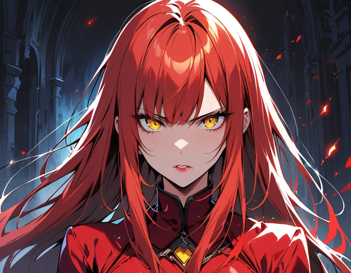 Long red hair, yellow eyes, evil, sexy, black and red clothes, cute hairstyle, evil face, evil, serious look, gloss lips, sinister, front look, bloody, gloves, close up, portrait, beautiful eyes, short dress, big white, dark place, night, sensual, straight hair cut, clear skin, evil, young 30 years girl, adult girl, solo, red, very long hair,
