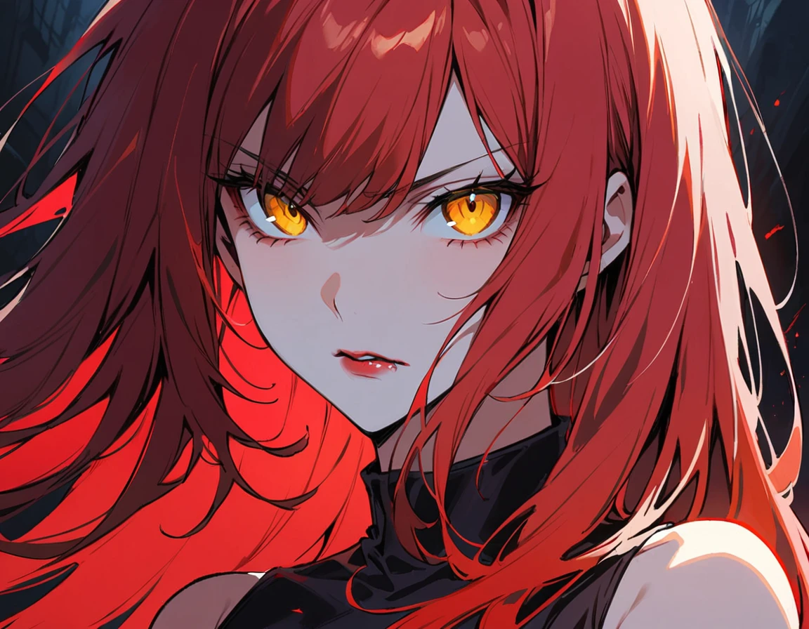 Long red hair, yellow eyes, evil, sexy, black and red clothes, cute hairstyle, evil face, evil, serious look, gloss lips, sinister, front look, bloody, gloves, close up, portrait, beautiful eyes, short dress, big white, dark place, night, sensual, straight hair cut, clear skin, evil, young 30 years girl, adult girl, solo, red, very long hair,