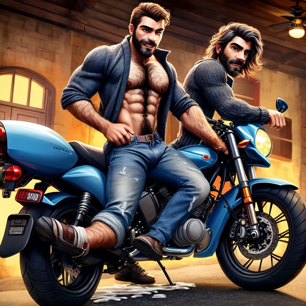 ((best quality)), ((masterpiece)), (detailed), a man, hairy, gray cardigan, blue jeans pulled down, dick, balls, lots of cum everywhere, riding motorcycle