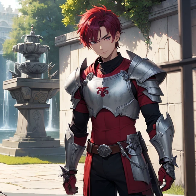 (best high quality image, very detailed graphics, very detailed textures, no deformed parts, no deformities, carefully detailed character, carefully detailed background and scenery, high quality textures, solo character alone)
{{(1character:  male barbarian red haired boy),(fair skin, purple eyes with black pupils, scarlet red spiky hair, scarlet red eyebrows, cheerful smile, sweet demeanor), (grey knight light-armor, armored gauntlets, grey steel armored hips, grey steel long armored boots, golden dragon belt, red paded shirt under armor, red paded pants under armor, ((steel dragon broadword), purple steel shield))), (elvish fountain park, midday sunny day)}}