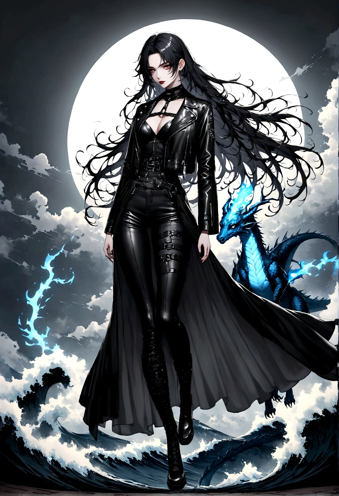 Wabu style, Luminescence, robe, (FOG,:1.2) (mist:1.2), smokes, 由白色光组成of女子, woman composed of black smokes, fire, sun, (Reality:1.4), Cowboy shooting, angle, Fisheye, Motion Blur, Sexy, Girl,blue fire, rain, Long hair fluttering in the wind, dragon, Waves, 当你见到我时最灿烂of笑容、可爱of emo 女人, 漫长of黑暗 (白色和黑色of头发), Punk Rock ta, Waist Up Portrait, Full body portrait, fashion photography, long wavy 白色和黑色of头发, ((Long black leather jacket)), Perfect face, ((Full body portrait)) No background, Ultra-high definition teeth beauty, 逼真of手, Stone_of_Matera background, 马泰拉of广角景观