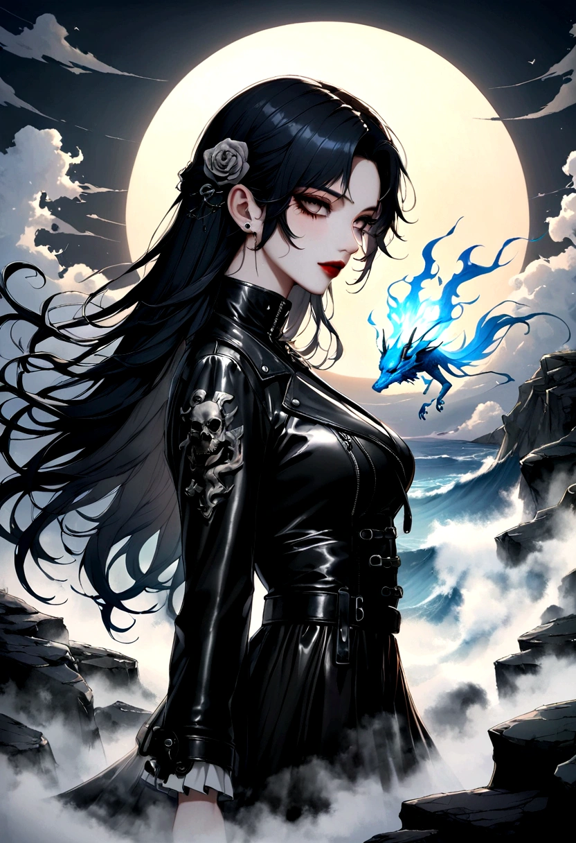 Wabu style, Luminescence, robe, (FOG,:1.2) (mist:1.2), smokes, 由白色光组成of女子, woman composed of black smokes, fire, sun, (Reality:1.4), Cowboy shooting, angle, Fisheye, Motion Blur, Sexy, Girl,blue fire, rain, Long hair fluttering in the wind, dragon, Waves, 当你见到我时最灿烂of笑容、可爱of emo 女人, 漫长of黑暗 (白色和黑色of头发), Punk Rock ta, Waist Up Portrait, Full body portrait, fashion photography, long wavy 白色和黑色of头发, ((Long black leather jacket)), Perfect face, ((Full body portrait)) No background, Ultra-high definition teeth beauty, 逼真of手, Stone_of_Matera background, 马泰拉of广角景观