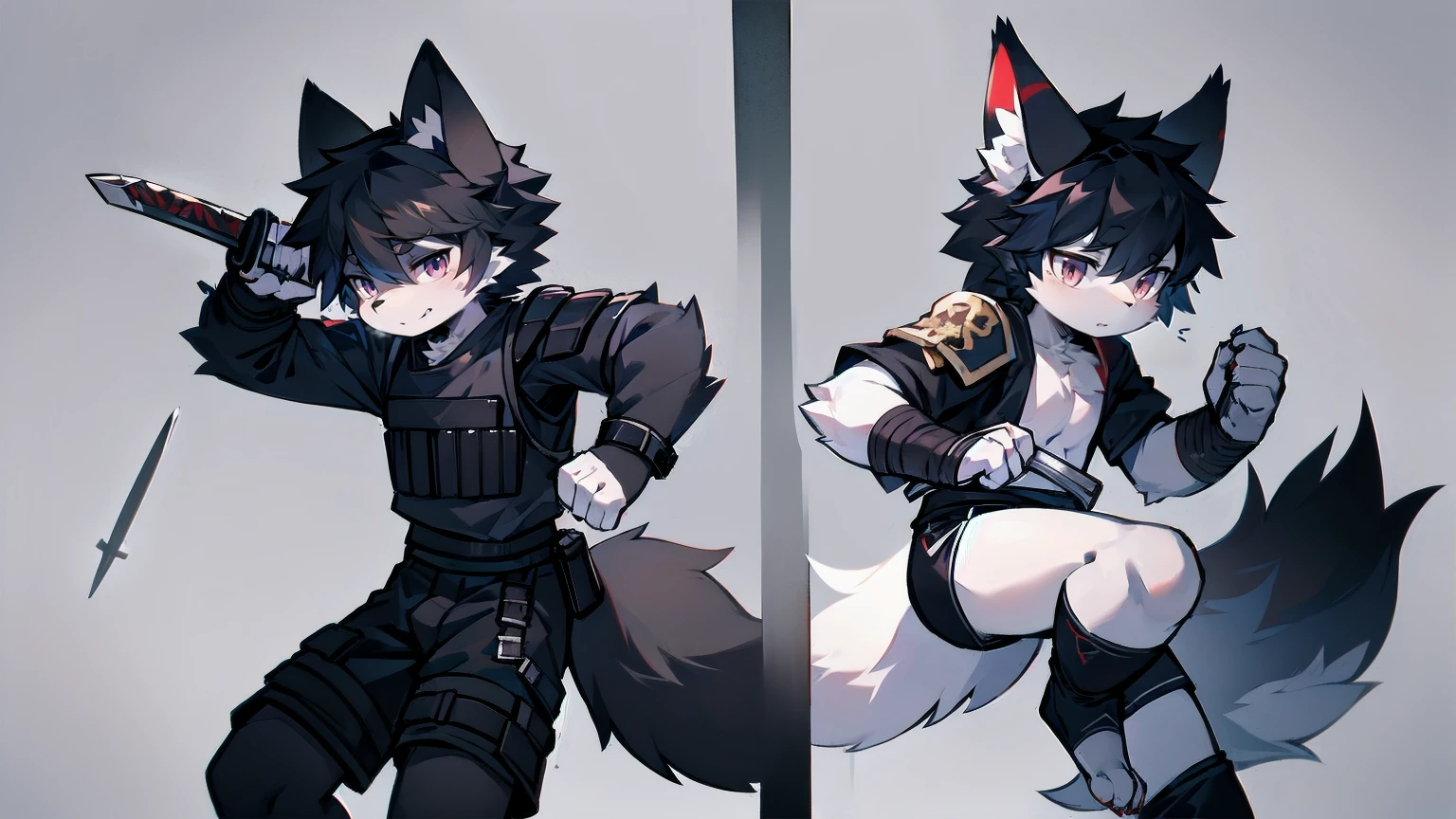 White Wolf，Black Hair，Red Eyes，Wolf ears，Wolf Tail，juvenile，male，hairy，hair，Half-body armor，Combat uniform，Silver and black clothes，Handsome，Handsome，shorts，Forearm exposed，leg，Fighting Stance，duel，Two people，anxious，手持sword，Simple background，sword