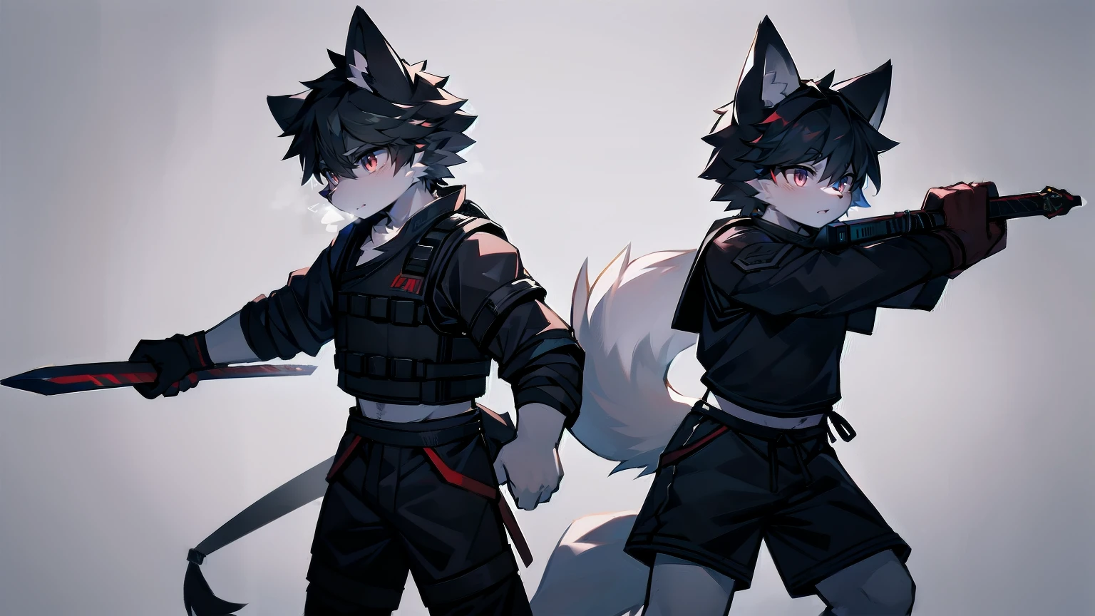 White Wolf，Black Hair，Red Eyes，Wolf ears，Wolf Tail，juvenile，male，hairy，hair，Half-body armor，Combat uniform，Silver and black clothes，Handsome，Handsome，shorts，Forearm exposed，leg，Fighting Stance，duel，Two people，anxious，手持sword，Simple background，sword