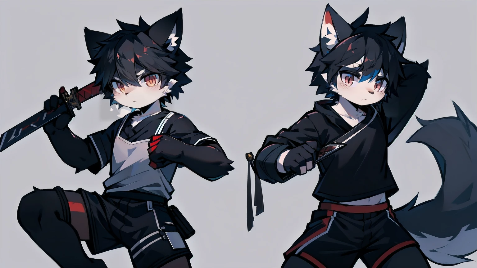 White Wolf,Black Hair,Red Eyes,Wolf ears,Wolf Tail,juvenile,male,hairy,hair,Half-body armor,Combat uniform,Silver and black clothes,Handsome,Handsome,shorts,Forearm exposed,leg,Fighting Stance,duel,Two people,anxious,手持sword,Simple background,sword