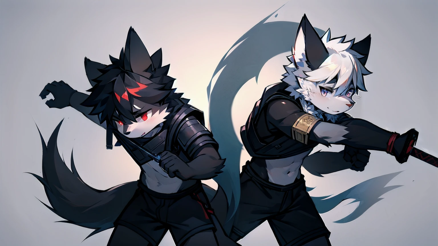 White Wolf，Black Hair，Red Eyes，Wolf ears，Wolf Tail，juvenile，male，hairy，hair，Half-body armor，Combat uniform，Silver and black clothes，Handsome，Handsome，shorts，Forearm exposed，leg，Fighting Stance，duel，Two people，anxious，手持sword，Simple background，sword