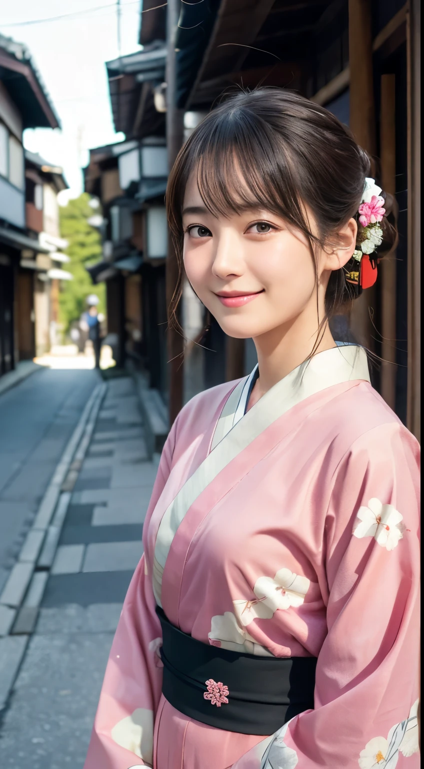 Professional Lighting,(Realistic:1.4), (Top image quality:1.0), (超High resolution:1.0), 8K, Raw photography, (masterpiece:0.2), (Dealing with the Children_v1:0.5)、(最高quality Detail:1.2)、Realistic、8K Ultra HD、High resolution、(1 Girl:1.2)、超detailedな、High quality textures、複雑なdetailed、detailed、Very detailed CG、High quality shadows、detailed 美しく繊細な顔、Beautiful details and a delicate eye、(Symmetrical eyes:1.2),Written boundary depth、Ray Tracing,1 Girl, Japanese Girls, (Natural smile:1.4),cute, thin, Portrait of a beautiful Japanese woman in a kimono, Standing elegantly on a street corner in Kyoto. Kimono with vibrant traditional patterns, Hair decorated with elegant and delicate hairpins, Gentle expression. (With the old streets of Kyoto in the background:1.4)、The soft light of a spring afternoon、Adding tranquility to the scene. Rendered in a Realistic style with great attention to detail, High resolutionの画像.Sky Porn, Magic Hour, (Realistic:1.3), finely, quality, (Tabletop:1.2), (Realistic:1.2), (最高quality), (複雑なdetailed), dramatic, Ray Tracing, photograph, +roller