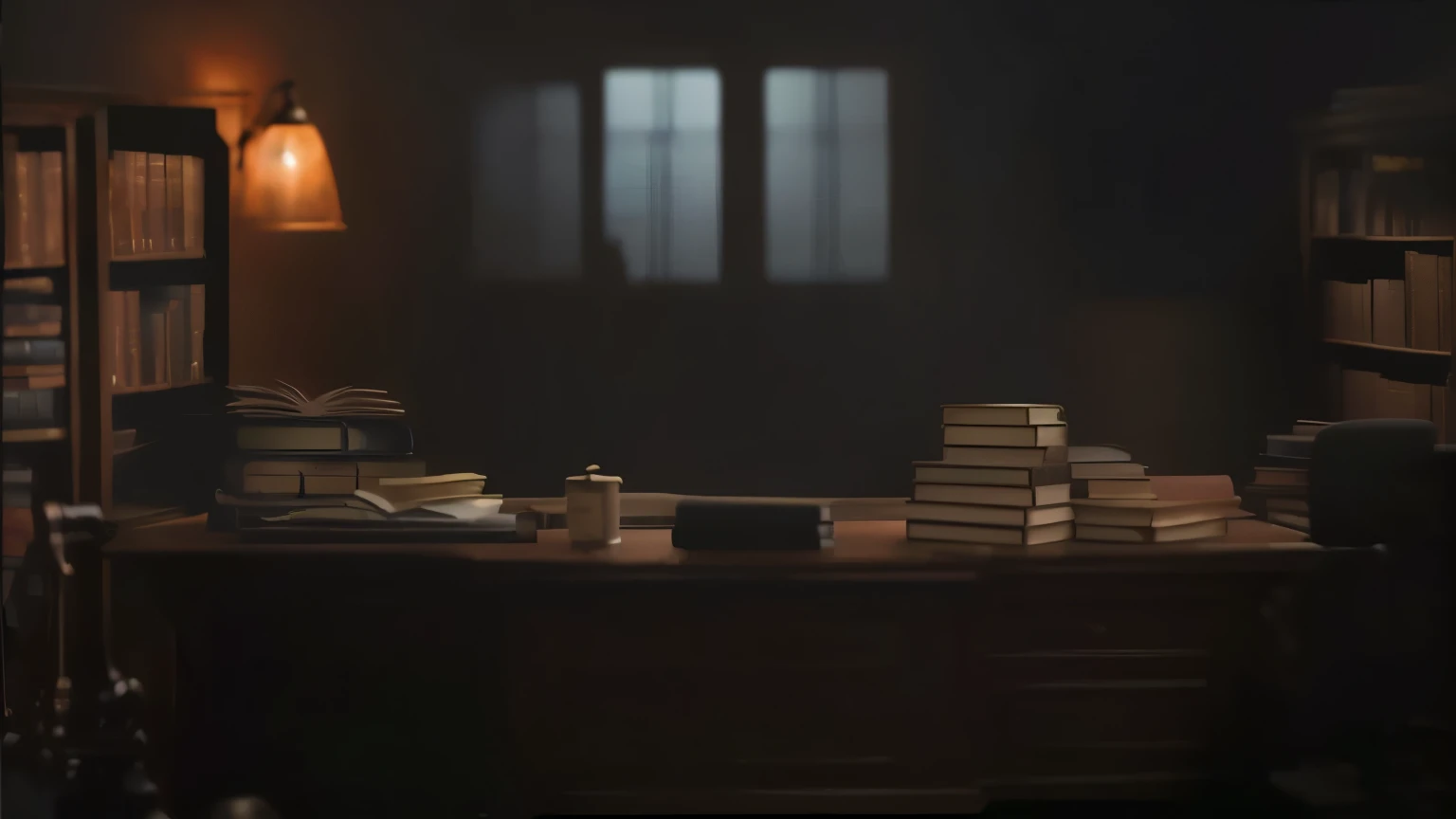There is an office with a lot of books, dusty library, alchemist Library background, Library background, Dim library, Personal room wallpaper, Detailed cinematic presentation, Detailed cinematic shot, Blurry background of library, Realistic cinematic presentation, in a Dim library, Dark cinematic lighting, Library interior background, Dark library, Heavy vignette!
