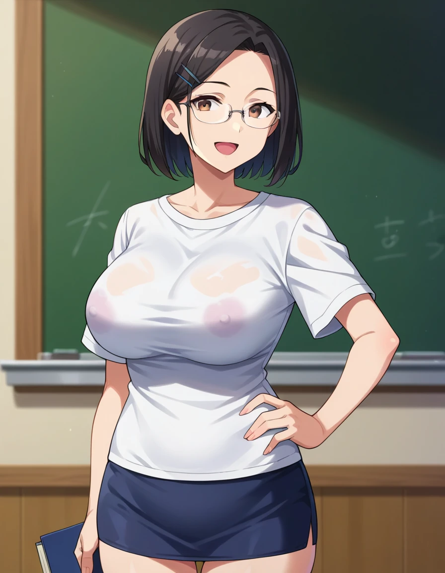 score_10, score_9, score_8_up, score_7_up, BREAK, source_anime, anime screencap, anime coloring, detailed face, a stiff-looking beautiful female teacher, detailed beautiful big brown eyes, large breasts, 36 years old, milf, black hair, skinny, One length medium bob hair, asymmetry_bangs, forehead, hair behind ear, black hairpin, Wears glasses, white shirts, short sleeves, button gap, black super micro skirt, skintight, zettai ryouiki thighhighs, (visible lite blue lace thong:1.2), teaching in front of the blackboard, (holding a textbook, hand on hip), smile, shaped eyebrows, open mouth, classroom, thigh gap, unshaven hairy natural public hair, cowboy shot, erect nipples