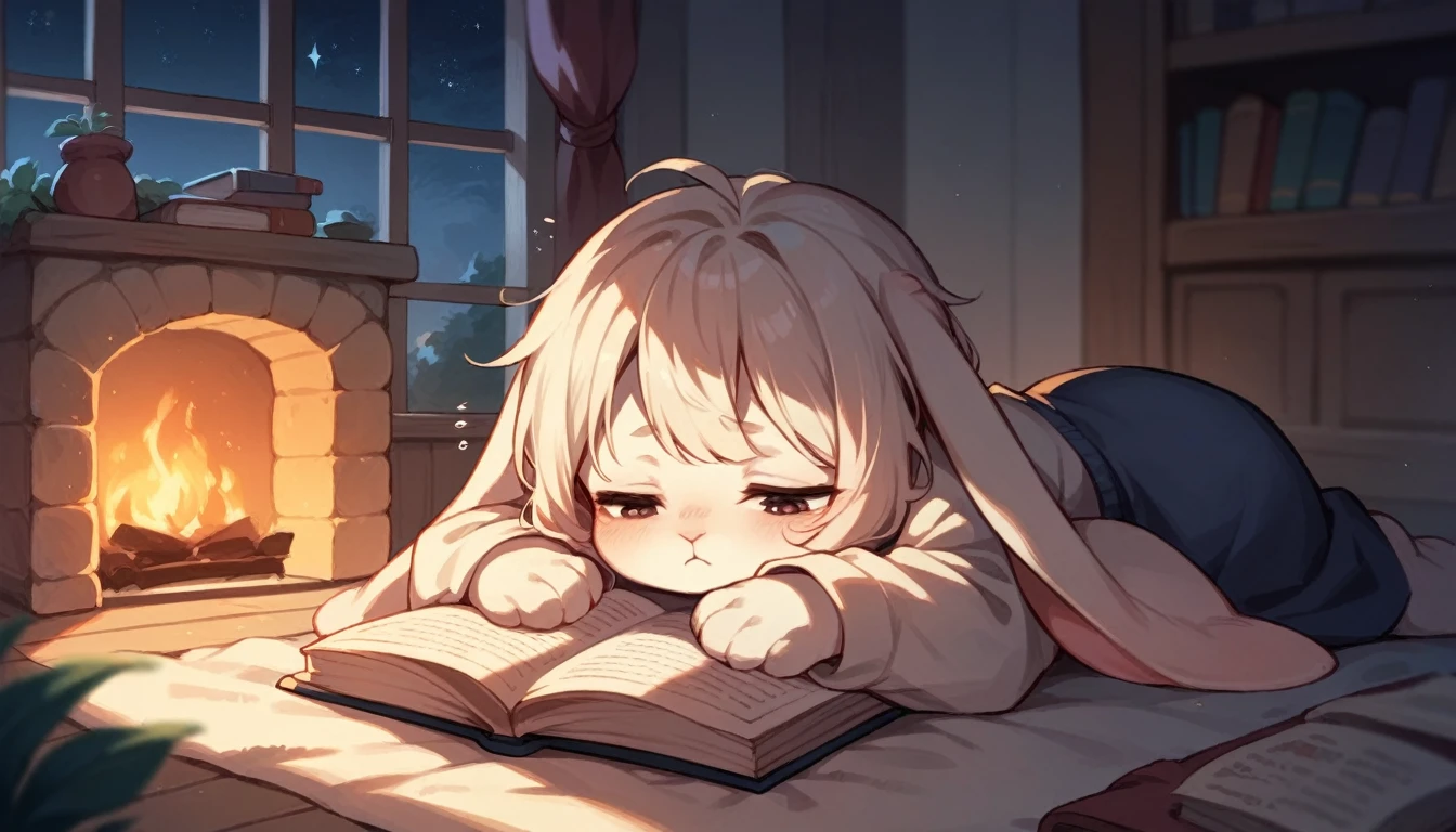 Outside at night, starry sky, in front of the fireplace inside the house, cute rabbit reading a picture book, relaxed atmosphere, sleepy, not human