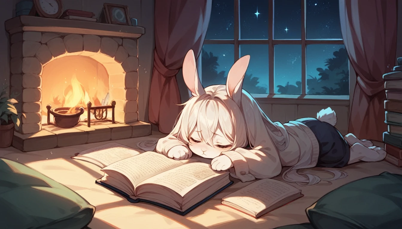 Outside at night, starry sky, in front of the fireplace inside the house, cute rabbit reading a picture book, relaxed atmosphere, sleepy, not human