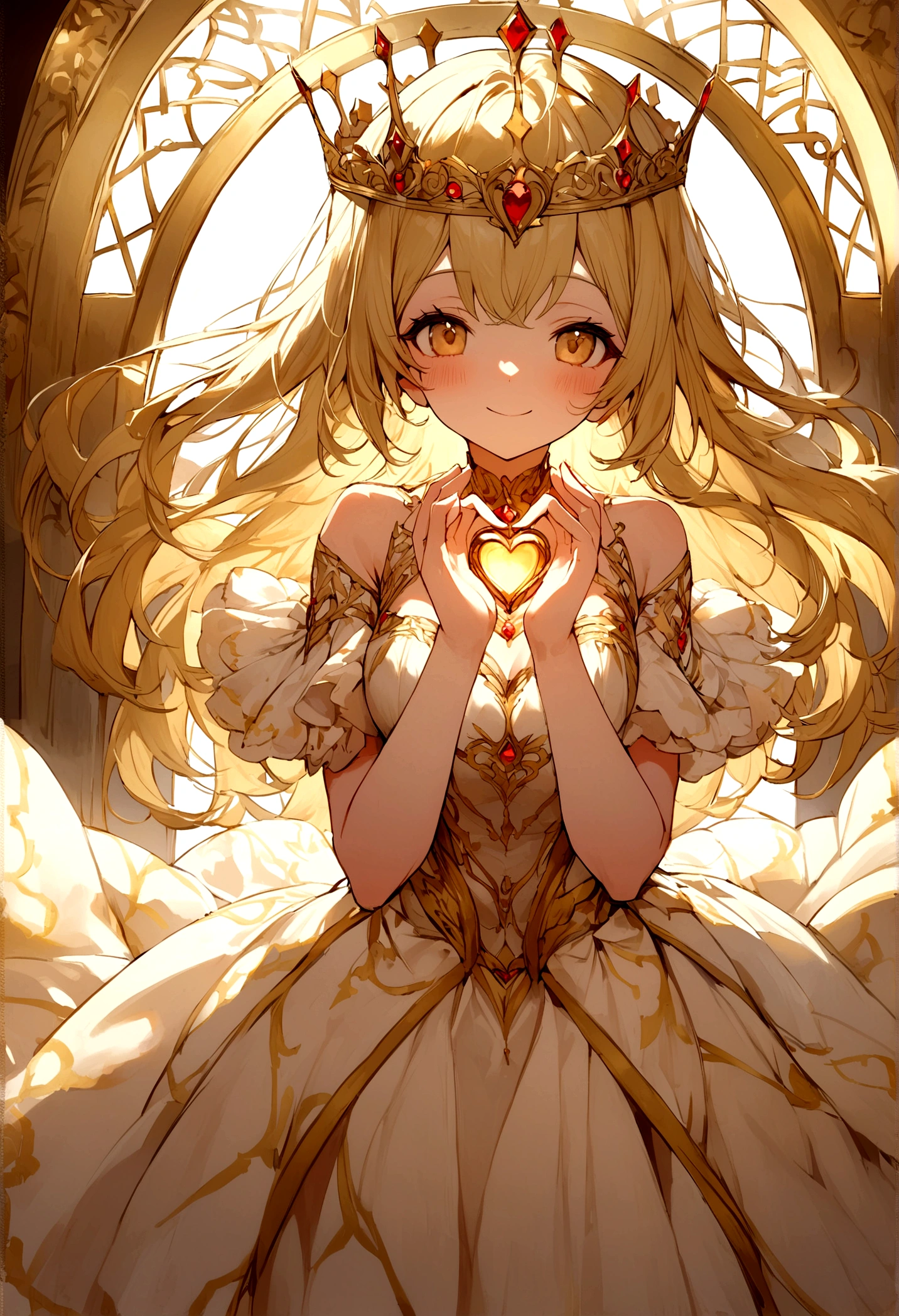 Delicate and beautiful ultra detailed girl, Her light golden hair, slightly wavy, cascaded down her back.、Edging her face、She smiles with joy、Make a heart with both hands、It expresses the joy of shining in the light.。. She wears a dress with an intricate gold and red pattern.. He wears a magnificent gold crown on his head... Its intricate design is、A red and gold butterfly reflects perfection as it perches delicately。.. She is smiling facing forward, Delicate hands forming a heart., I am very happy. Make a heart mark with both hands. Making a heart with both hands. Golden Hair Girl. Make the perfect heart shape with your hands.