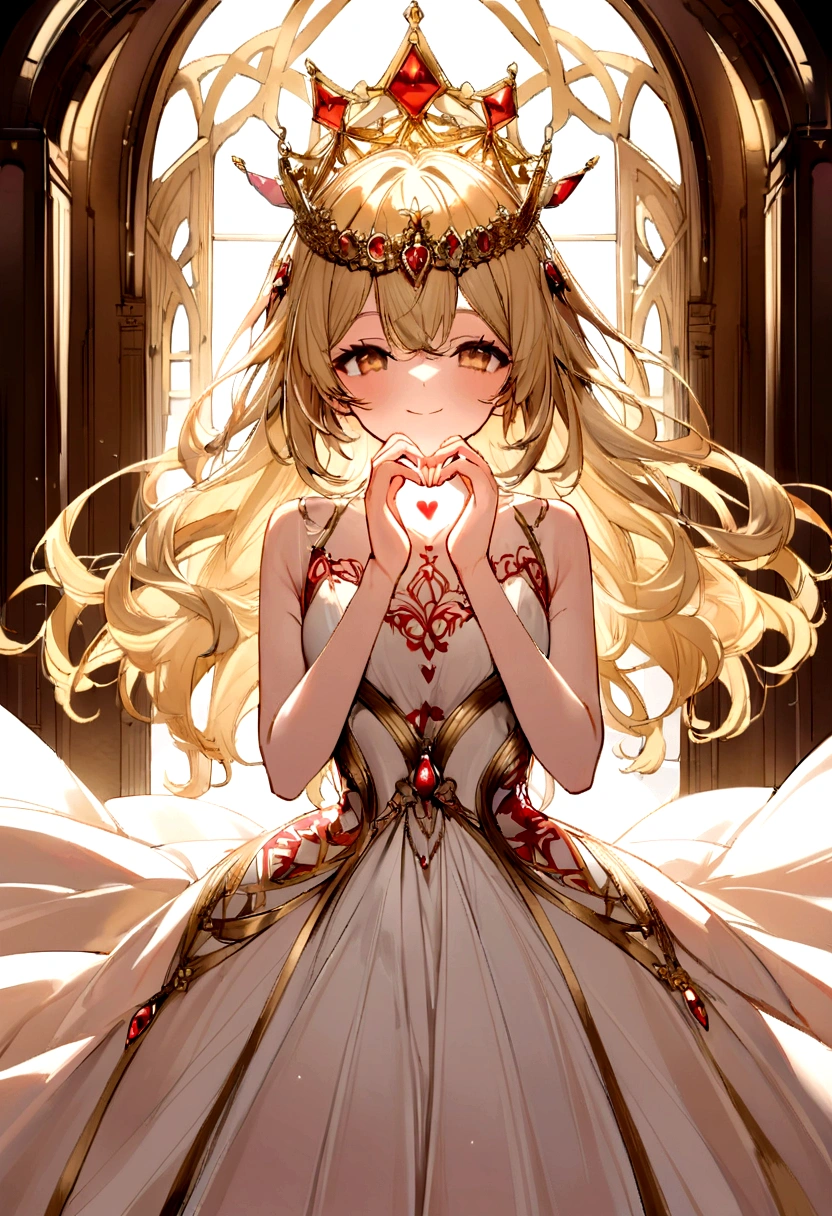 Delicate and beautiful ultra detailed girl, Her light golden hair, slightly wavy, cascaded down her back.、Edging her face、She smiles with joy、Make a heart with both hands、It expresses the joy of shining in the light.。. She wears a dress with an intricate gold and red pattern.. He wears a magnificent gold crown on his head... Its intricate design is、A red and gold butterfly reflects perfection as it perches delicately。.. She is smiling facing forward, Delicate hands forming a heart., I am very happy. Make a heart mark with both hands. Making a heart with both hands. Golden Hair Girl. Make the perfect heart shape with your hands.