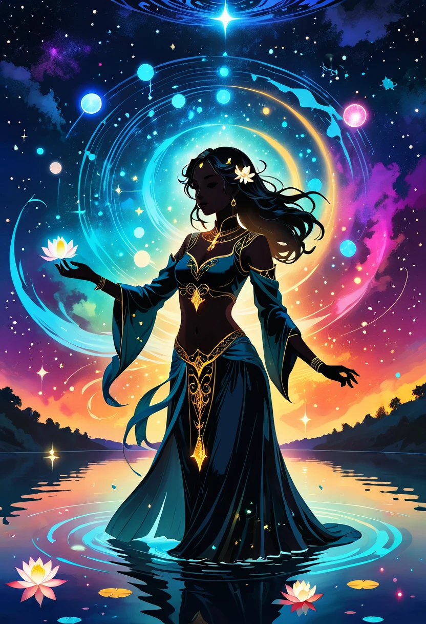 Astrologer，In the middle of the lake, Mysterious female black silhouette in the middle of the night, Surrounded by glowing constellations, Summoners dance to appease the spirits of the dead. Ceremonial canvas clothing. Sensual. Multiple magic arrays. Dynamic dance. Black Lotus. Colorful palette.