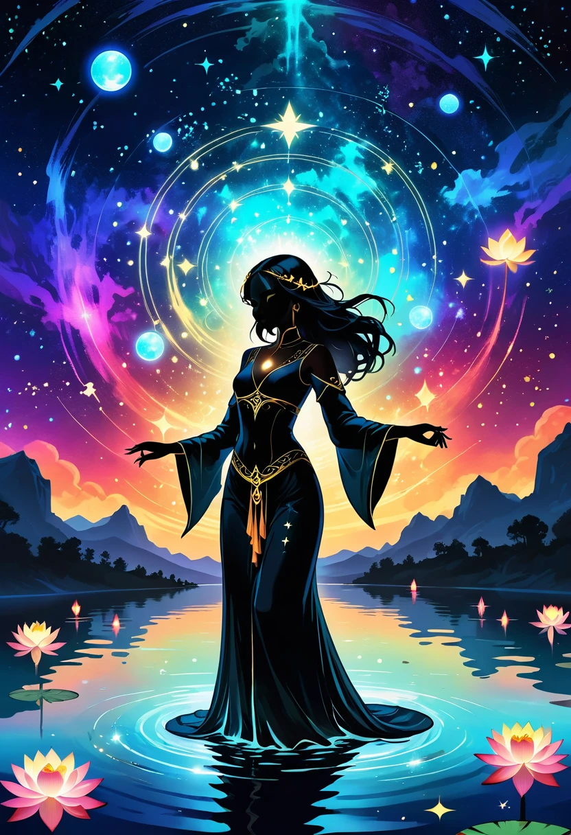 Astrologer，In the middle of the lake, Mysterious female black silhouette in the middle of the night, Surrounded by glowing constellations, Summoners dance to appease the spirits of the dead. Ceremonial canvas clothing. Sensual. Multiple magic arrays. Dynamic dance. Black Lotus. Colorful palette.