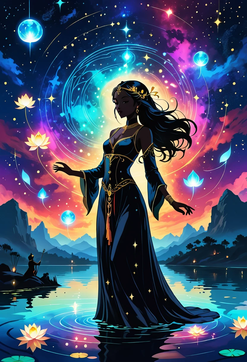 Astrologer，In the middle of the lake, Mysterious female black silhouette in the middle of the night, Surrounded by glowing constellations, Summoners dance to appease the spirits of the dead. Ceremonial canvas clothing. Sensual. Multiple magic arrays. Dynamic dance. Black Lotus. Colorful palette.